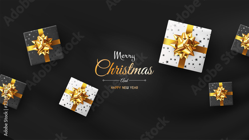 Vector photorealistic top view christmas still life. Vector design xmas banner, brochure cover. Merry christmas callygraphy.
