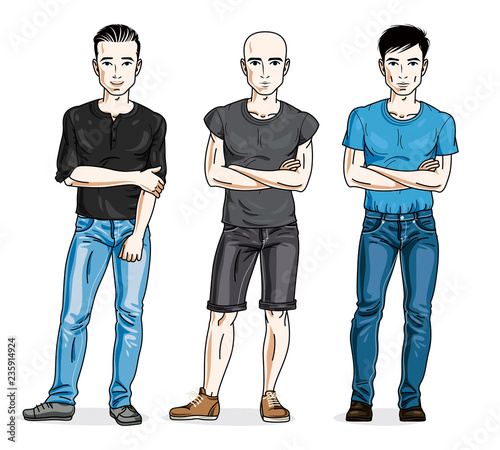 Confident handsome men posing wearing fashionable casual clothes. Vector people illustrations set. Lifestyle theme male characters.