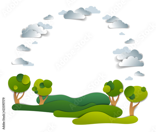 Scenic landscape of meadows and trees, cloudy sky, frame background with copy space,  vector illustration in paper cut. Summer holidays in countryside, travel and tourism.