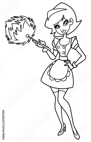 Full length line art illustration of a beautiful young woman wearing maid costume during work against white background for copy space.