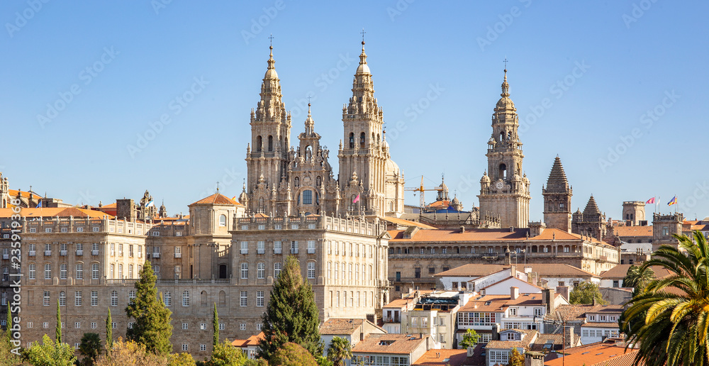 Santiago de Compostela view and amazing Cathedral of Santiago de Compostela with the new restored facade