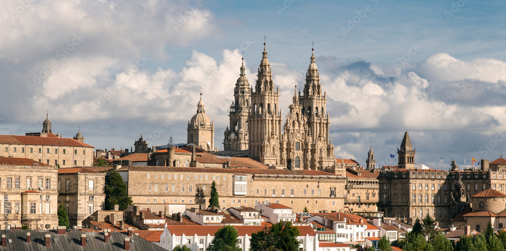 Cathedral of Santiago de Compostela with the new restored facade. Pilgrims destiny of Camino de Santiago Galicia Spain