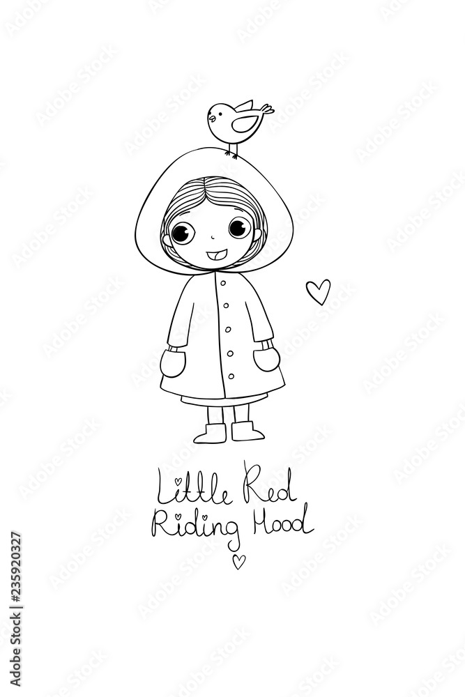 Cute cartoon little girl. Red Riding Hood fairy tale. Hand drawing isolated objects on white background. Cute cartoon little girl. Red Riding Hood fairy tale. Hand drawing isolated objects on white background.