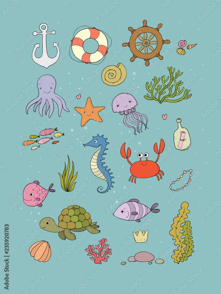 Obraz premium Duży zestaw marine. Motyw morski. Kreskówka rozgwiazda żółwia, zabawna ryba, meduza i konik morski, wodorosty i butelka z notatką.