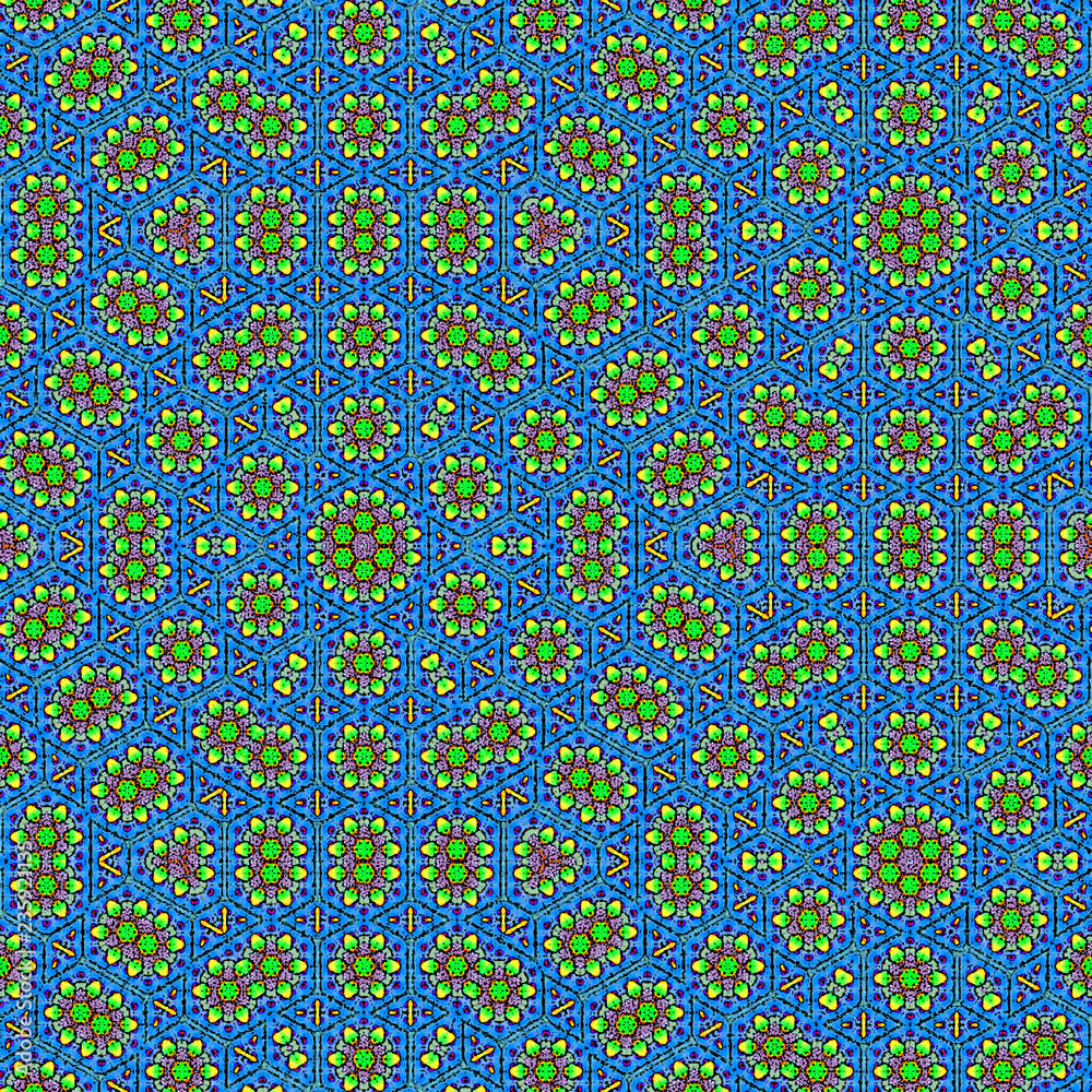 sacred geometric pattern in yellow flowers on blue background