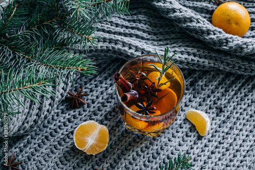 Christmas tea with cinnamon, anise and tangerines