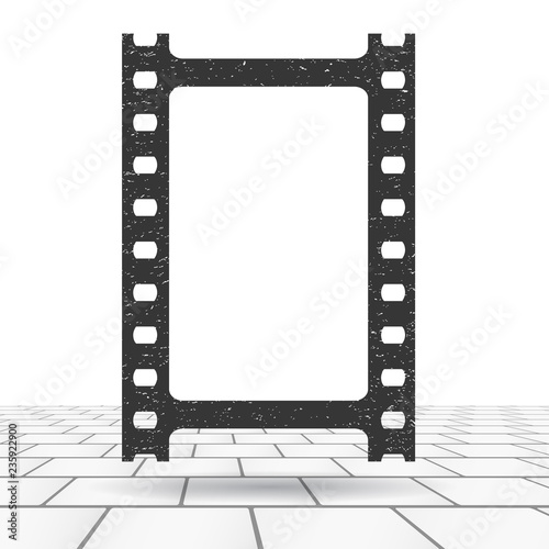 Black vertical scratched grunge film strip with shadow on squared floor or sidewalk background. Vector illustration.