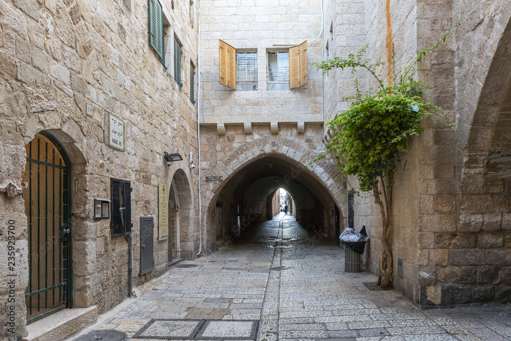 The quiet streets of Jerusalem. Habad street in old city of Jerusalem, Israel The quiet streets of Jerusalem. Habad street in old city of Jerusalem, Israel