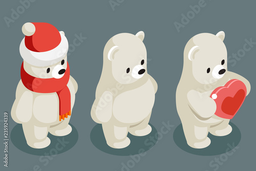 Isometric polar white bear christmas animal character winter new year 3d flat cartoon design vector illustration