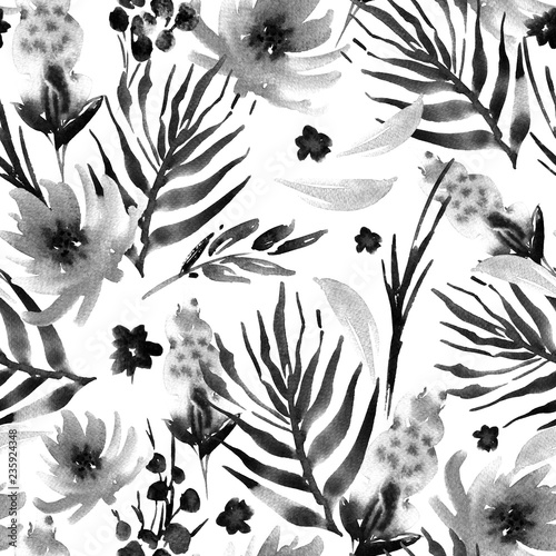 Abstract watercolor floral seamless pattern flowers, twigs, leaves, buds.