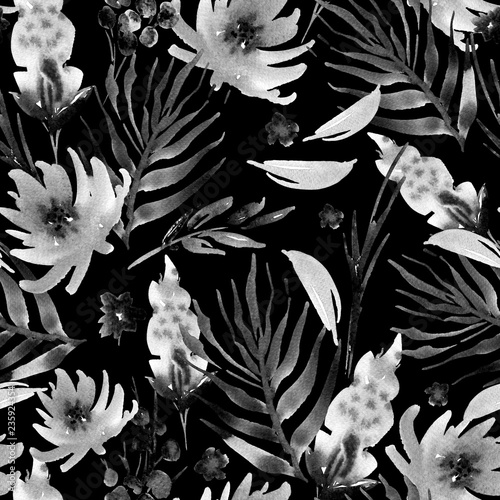 Abstract watercolor floral seamless pattern flowers, twigs, leaves, buds.