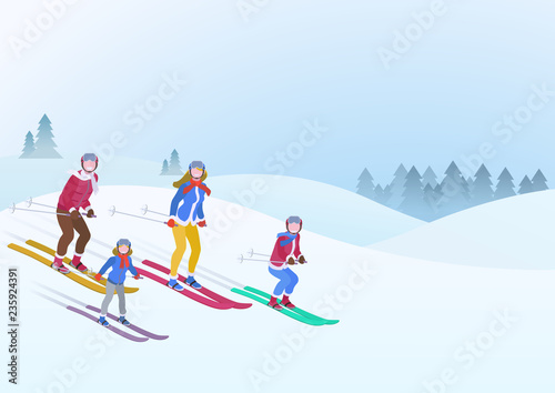 Happy Family Father Mother Son Daughter ski Winter snow vector