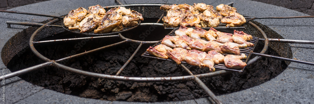 Natural volcanic stove grills meat for the restaurant at Timanfaya national park, Lanzarote, Canary Islands, Spain