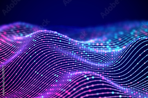 3D Sound waves with colored dots. Big data abstract visualization. Digital concept: virtual landscape. Futuristic background. Sound waves, visual audio waves equalizer, EPS 10 vector illustration.