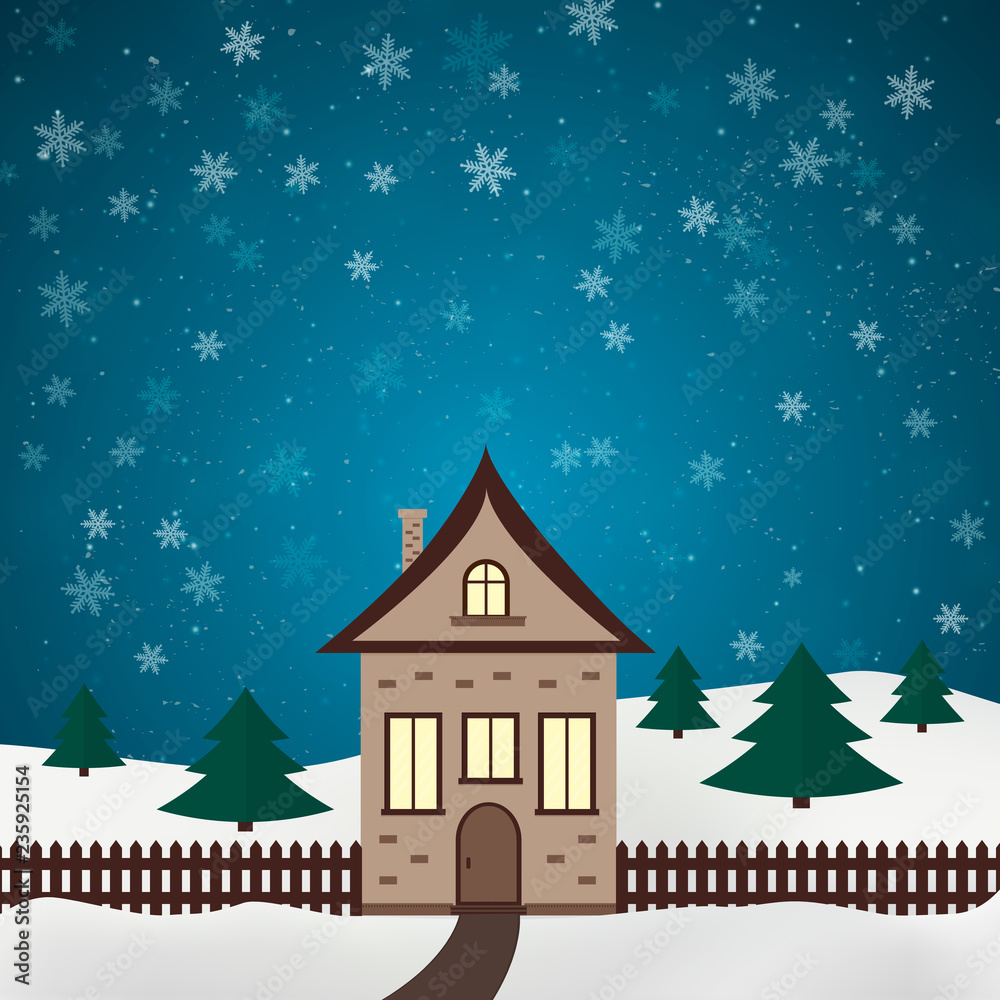 Little house in village.  Winter snowy landscape. Night sky with snowflakes. Flat vector illustration.