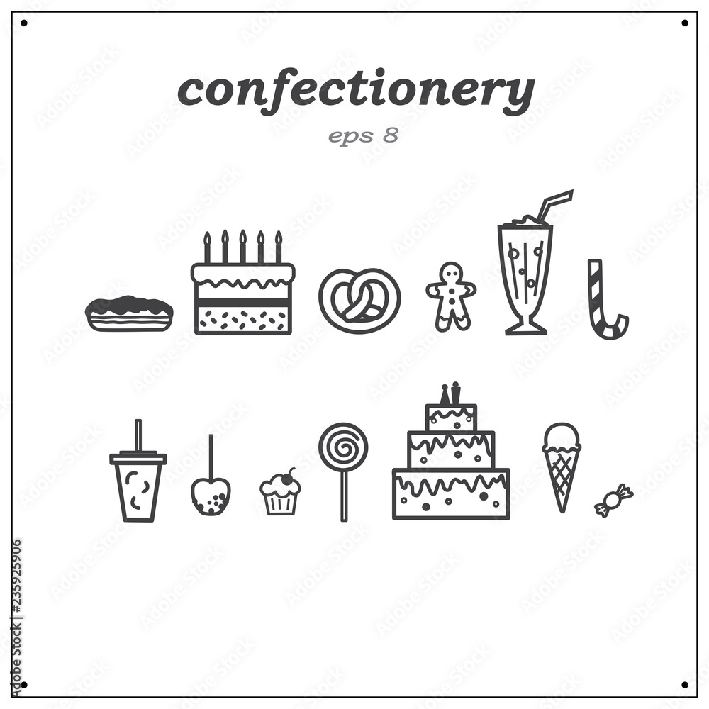 Collection of pictures depicting various confectionery products. Sweets in a linear style.