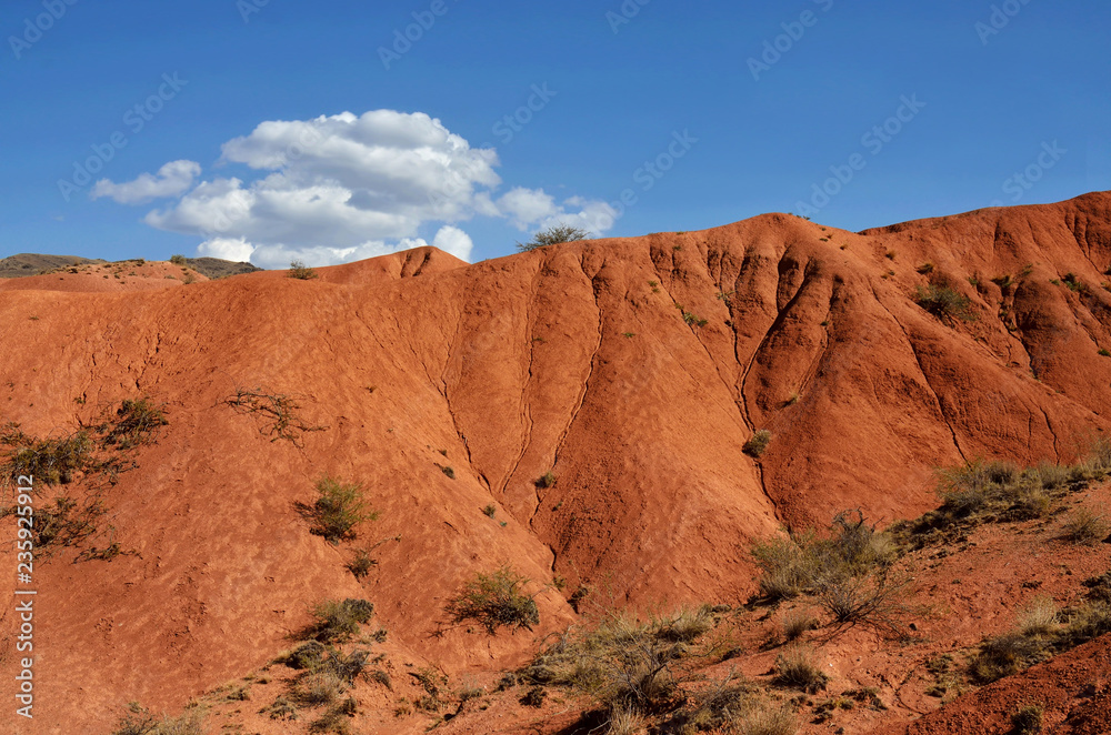 Beautiful red Konorchek ravine with small white cloud against blue sky,Issyk-Kul region,Central Asia, famous hiking place