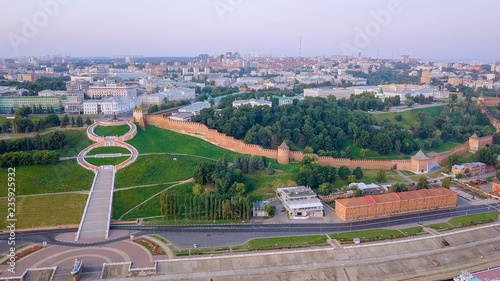 View of the Nizhny Novgorod Kremlin and Chkalov staircase. During the sunrise. Nizhny Novgorod, Russia photo