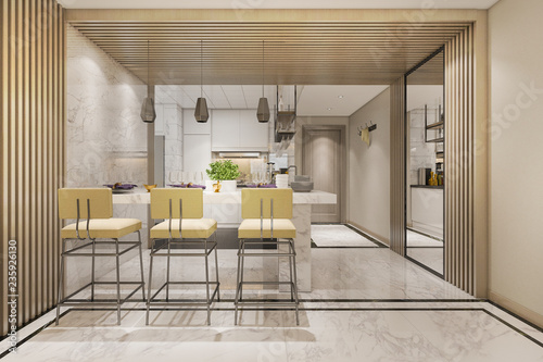 3d rendering white minimal kitchen with luxury decoration