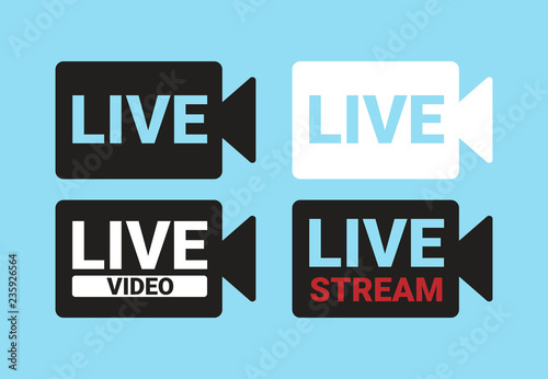 Vector icon digital technologies, live and online video. Icon of the silhouette of the camera with the text: Live Video, Live Stream.