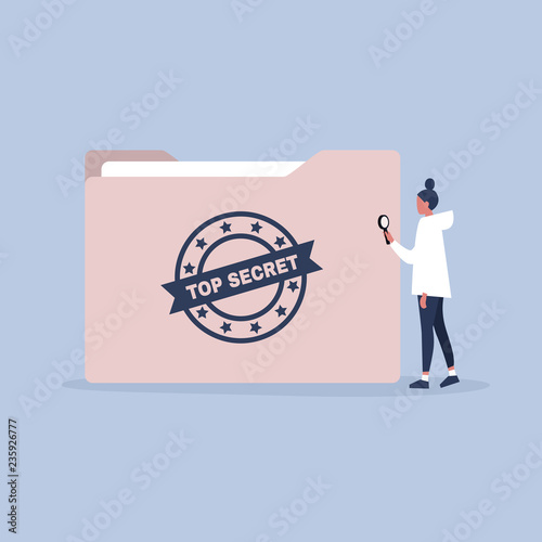 Confidential information. Classified files. Cyber security. Paper folder with a Top secret stamp. Young female character holding a magnifying glass. Flat editable vector illustration, clip art