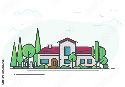 Big classic house surrounded with trees. Green park or garden. Real estate cottage background for banner. Modern line vector illustration. White fence and a lot of trees on background.