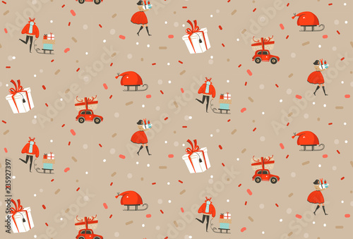 Hand drawn vector abstract fun Merry Christmas and Happy New Year time cartoon rustic festive seamless pattern with cute illustrations of Xmas people and gift boxes isolated on pastel background
