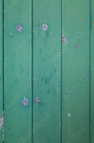A close-up of a faded green painted door with paint flaking from the knots. Rustic textured background or flat lay concept. © Nigel Burley