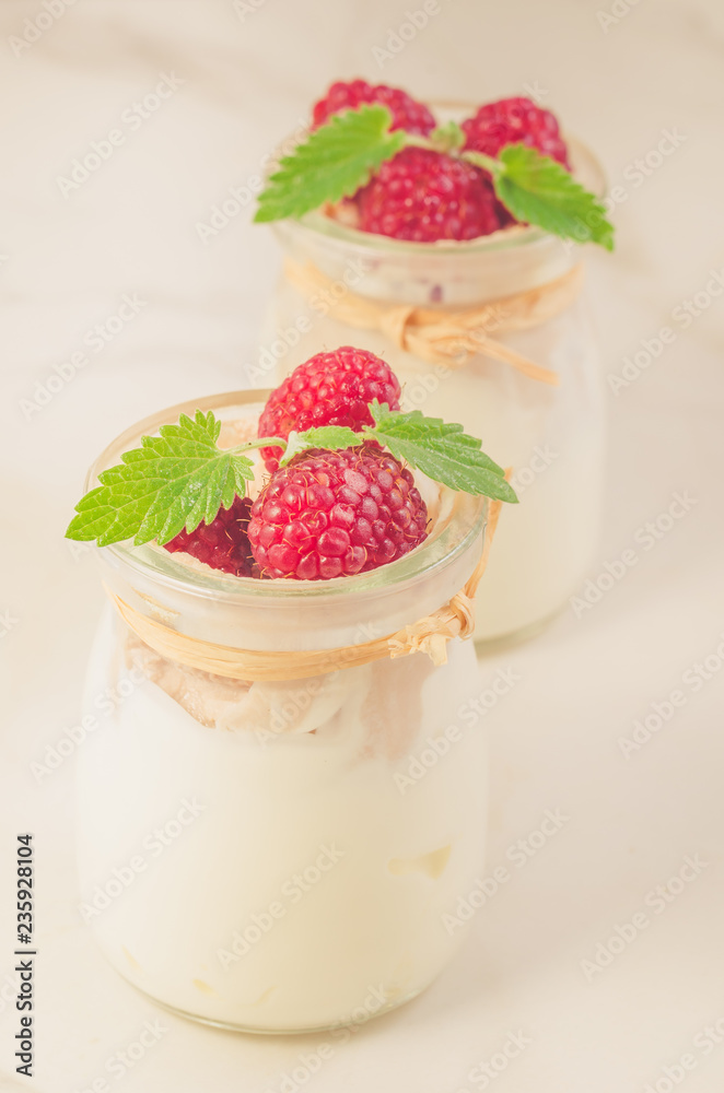 fresh homemade yogurt decorated with fresh raspberry and mint/Two glass jars with fresh homemade yogurt decorated with fresh raspberry and mint, selective focus fresh homemade yogurt decorated with fresh raspberry and mint/Two glass jars with fresh homemade yogurt decorated with fresh raspberry and mint, selective focus