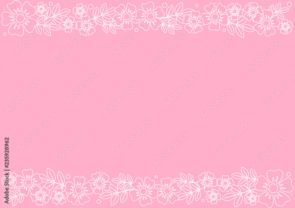 Pink background with decorative stripes align top and below with white outline flowers and leaves for decoration, scrapbooking paper, wedding, invitation, greeting card, text, certificate