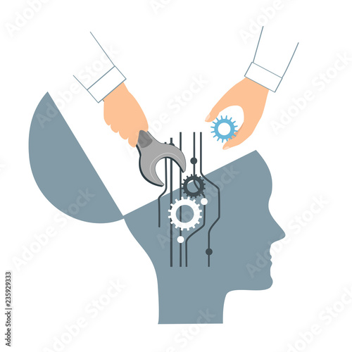 NLP or Neuro-Linguistic Programming concept. Open Human Head and a Hand with a Wrench. Manipulation, Mental health, personal development, and psychotherapy icon.