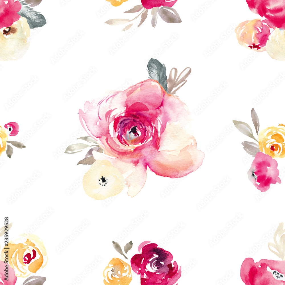 Seamless Watercolor Flower Pattern Background. Repeating Floral Pattern