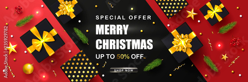 Merry Christmas Sale poster with serpentine, fir branches, gift boxes, Rowan and gold stars. Vector illustration. Design for invitation, banners, ads, coupons, promotional material