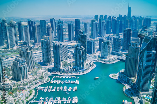 Aerial view of skyscrapers and Dubai Marina. Development of Dubai.