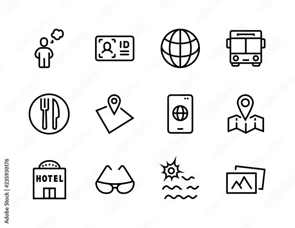 Simple Set of Travel Related Vector Line Icons. Contains such Icons as Luggage, Passport, Sunglasses and more. Editable Stroke. 48x48 Pixel Perfect Simple Set of Travel Related Vector Line Icons. Contains such Icons as Luggage, Passport, Sunglasses and more. Editable Stroke. 48x48 Pixel Perfect