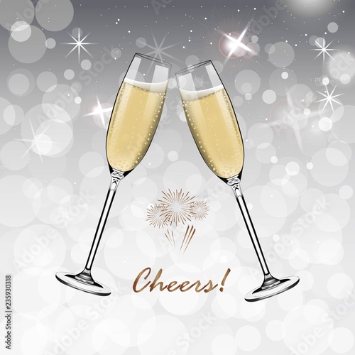 Vector Happy New Year with toasting glasses of champagne on white snow background in realistic style. Greeting card or party invitation with golden Christmas tree illustration.