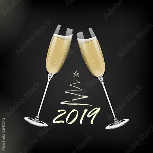 Vector Happy New Year with toasting glasses of champagne on dark background in realistic style. Greeting card or party invitation with golden Christmas tree illustration.