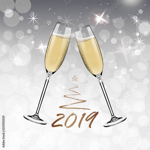 Vector Happy New Year with toasting glasses of champagne on white snow background in realistic style. Greeting card or party invitation with golden Christmas tree illustration.