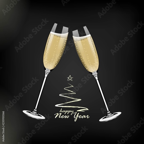 Vector Happy New Year with toasting glasses of champagne on dark background in realistic style. Greeting card or party invitation with golden Christmas tree illustration.