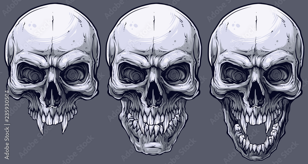 Detailed graphic realistic cool black and white human skulls with sharp canines. On gray background. Vector icon set.