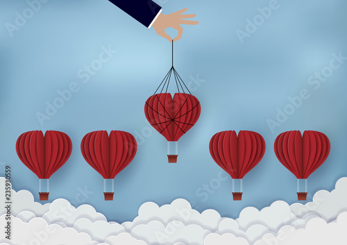 Business competition concept The red hot air balloons group competes up to the sky. The businessmen pull up. Succeed in Organization Business. Trading. cartoon vector illustrations