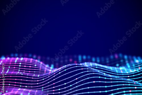 3D Sound waves with colored dots. Big data abstract visualization. Digital concept: virtual landscape. Futuristic background. Sound waves, visual audio waves equalizer, EPS 10 vector illustration.