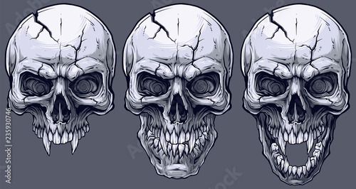 Detailed graphic realistic cool black and white human skulls with sharp canines and cracks. On gray background. Vector icon set.