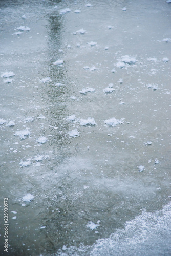 Unique natural phenomenon. Fancy ice on the surface of a frozen pond. © malykalexa777