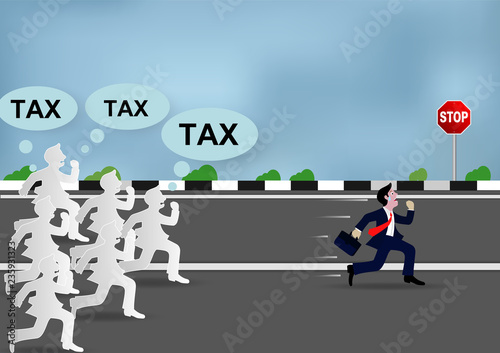 Businessman running away from tax shooting, With many creditors chasing him. illustration vector cartoon