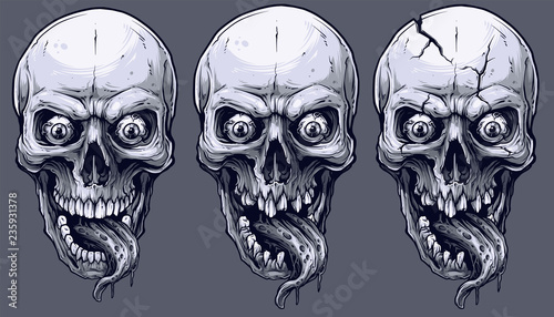 Detailed graphic realistic cool black and white human skulls with horrible long tongue and eyes. On gray background. Vector icon set.