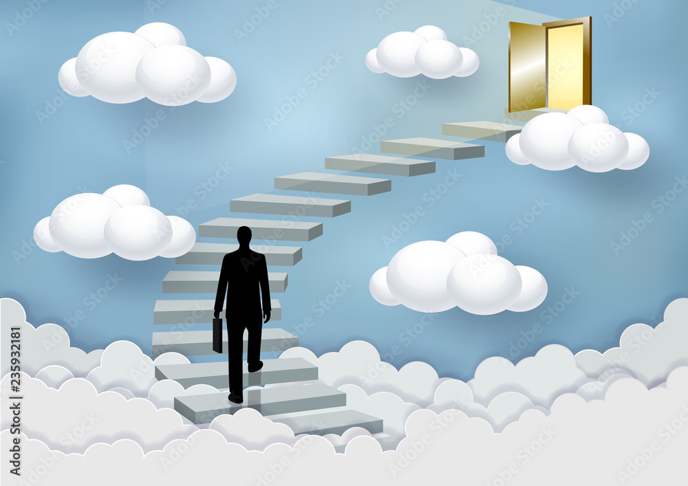 Businessmen walk up the stairs to the door in the sky above the clouds.  Step up