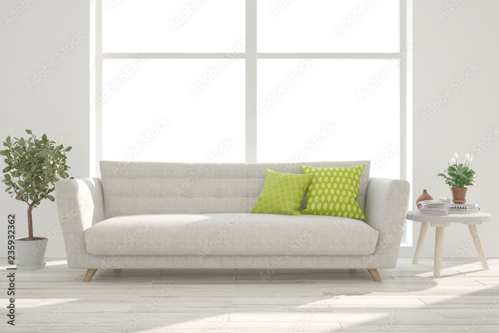 Idea of white minimalist room with sofa. Scandinavian interior design. 3D illustration Idea of white minimalist room with sofa. Scandinavian interior design. 3D illustration
