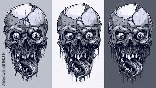Detailed graphic realistic cool black and white human skulls with horrible pieces of dead skin, eyes, and horrible long tongue. On gray background. Vector icon set.