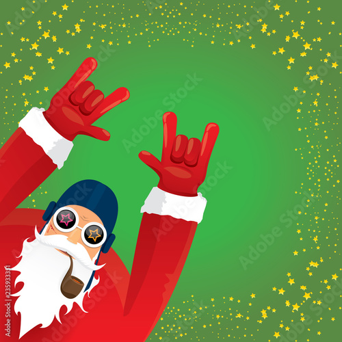 vector DJ rock n roll santa claus with smoking pipe, santa beard and funky santa hat isolated on green christmas square background with stars. Christmas hipster party poster, banner or card.
